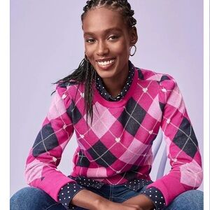 Loft Cotton Pink Argyle Sweater M Puffed Sleeves Valentine Hearts Preppy Girly